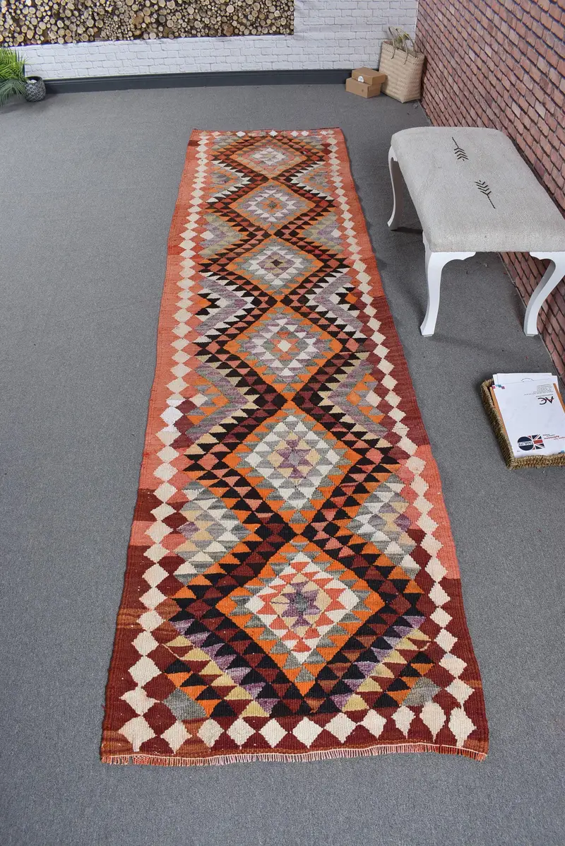 Vintage 3.1x11.4 ft Rug, Kilim Turkish Rug, Orange Bordered Rug Wool - 1