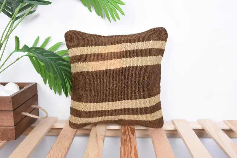 Authentic Cushion Cover, Throw Kilim Pillow, Kilim Cushion Sham, Pillow for Couch, Cushion, Handwoven Pillow Cover Pillow, 12x12 Brown Pillow - 1