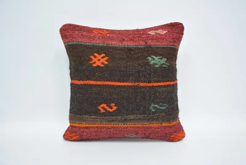Turkish Kilim Pillow, 16x16 Brown Cushion, Pillow Sham, Ikat Pillow Sham, Ethnic Pillow, Kilim Cushion Sham, Ethnical Kilim Rug Pillow - 1