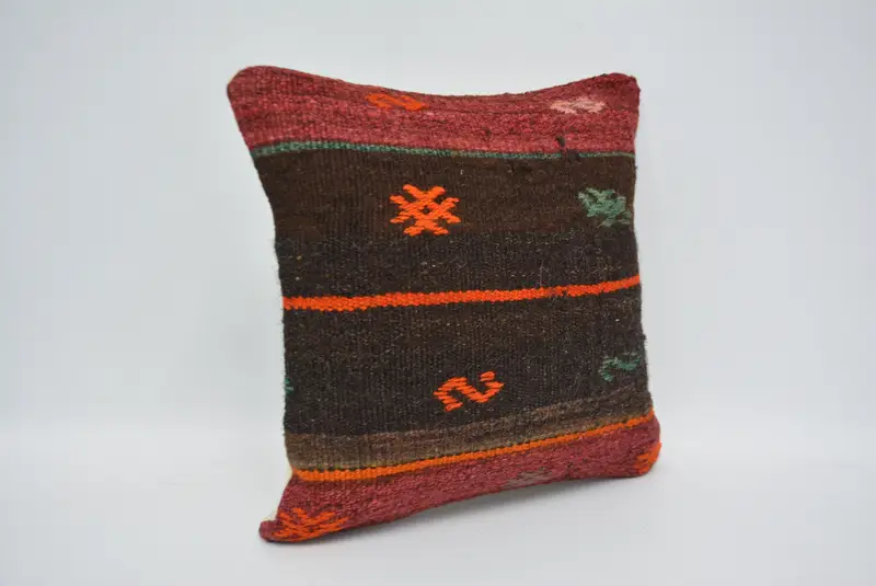 Turkish Kilim Pillow, 16x16 Brown Cushion, Pillow Sham, Ikat Pillow Sham, Ethnic Pillow, Kilim Cushion Sham, Ethnical Kilim Rug Pillow - 3