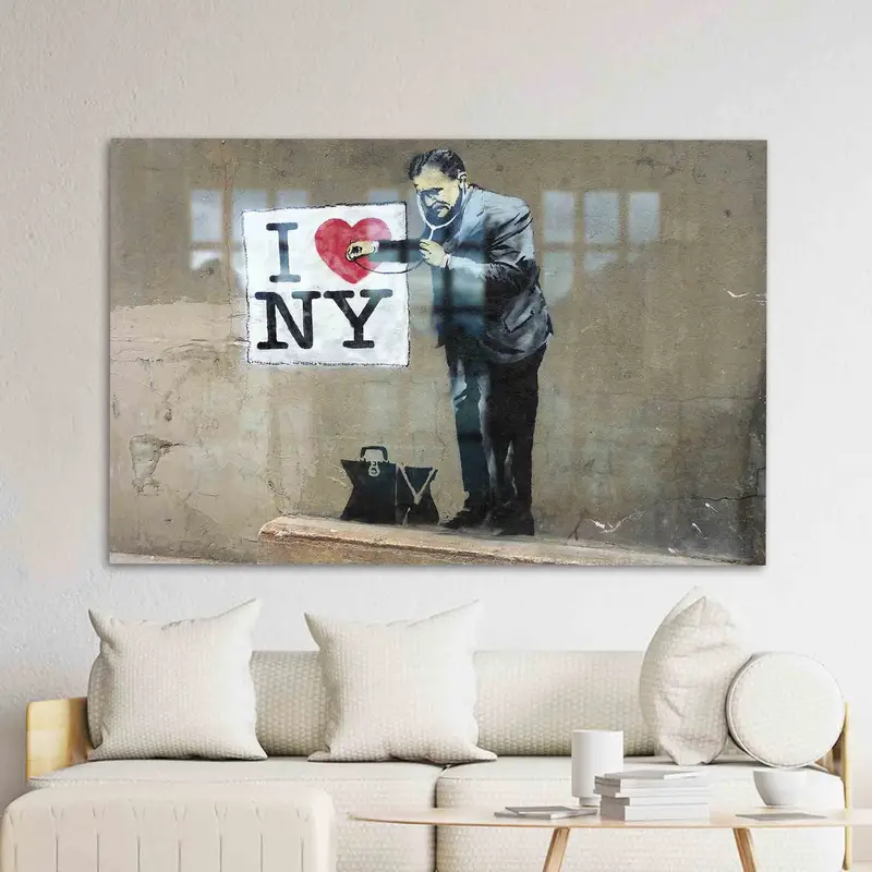 Elegant Banksy-Inspired Printed Glass: Modern NYC Art