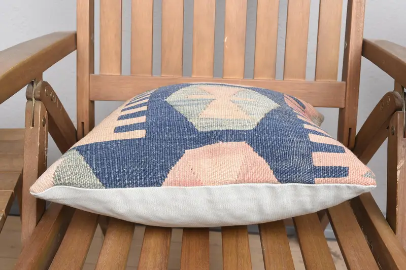 16x16 Blue Pillow Cover, Cushion, Boho Pillow Sham Cover, Outdoor Patio Pillow Sham, Turkish Kilim Pillow, Ethnical Kilim Rug Pillow - 5
