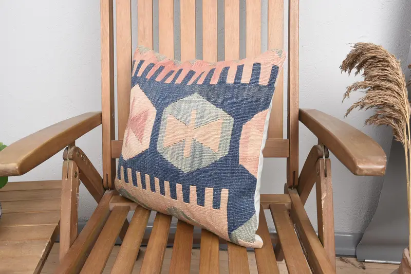 16x16 Blue Pillow Cover, Cushion, Boho Pillow Sham Cover, Outdoor Patio Pillow Sham, Turkish Kilim Pillow, Ethnical Kilim Rug Pillow - 3