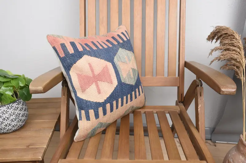 16x16 Blue Pillow Cover, Cushion, Boho Pillow Sham Cover, Outdoor Patio Pillow Sham, Turkish Kilim Pillow, Ethnical Kilim Rug Pillow - 2