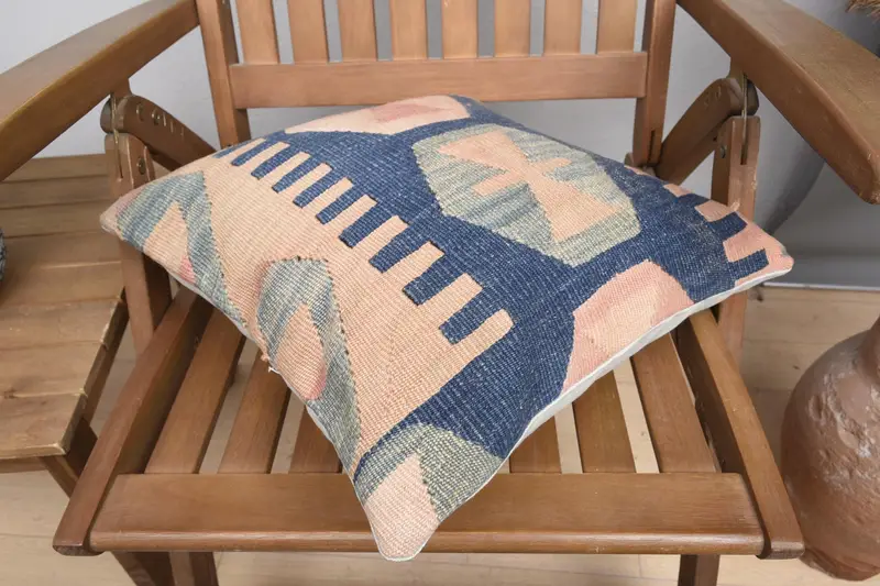16x16 Blue Pillow Cover, Cushion, Boho Pillow Sham Cover, Outdoor Patio Pillow Sham, Turkish Kilim Pillow, Ethnical Kilim Rug Pillow - 4