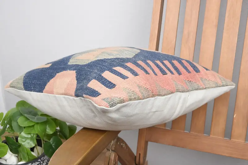 16x16 Blue Pillow Cover, Cushion, Boho Pillow Sham Cover, Outdoor Patio Pillow Sham, Turkish Kilim Pillow, Ethnical Kilim Rug Pillow - 6