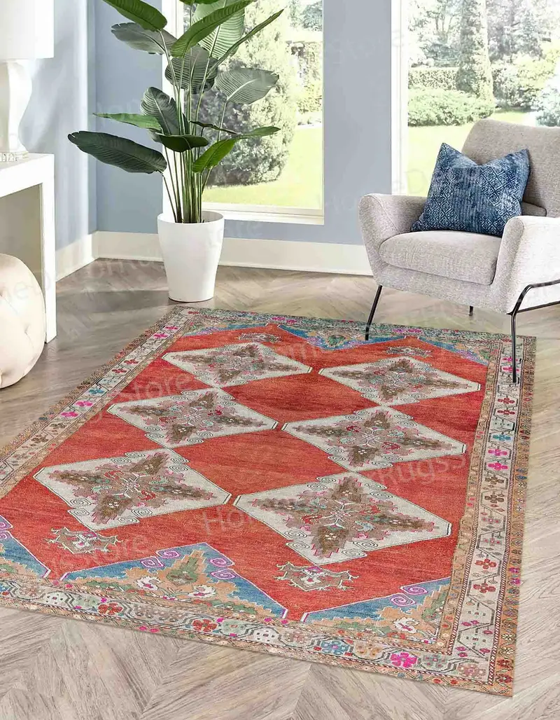 レッド & ブラウンの幾何学プリント ラグ: キリム & アステカ パターン