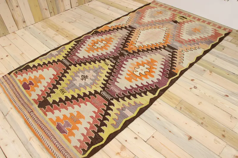 Oushak Rug, 4.7x9.3 ft Vintage Rug, Orange Striped Rug Wool - 1