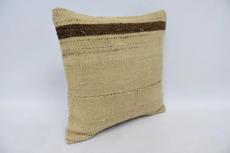 Turkish Rugs Pillow Case, 14x14 Beige Pillow, Floor Pillow Case, Turkish Pillow, Cushion, Boho Pillow, Handmade Kilim Cushion - 3