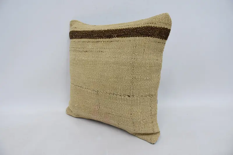 Turkish Rugs Pillow Case, 14x14 Beige Pillow, Floor Pillow Case, Turkish Pillow, Cushion, Boho Pillow, Handmade Kilim Cushion - 4