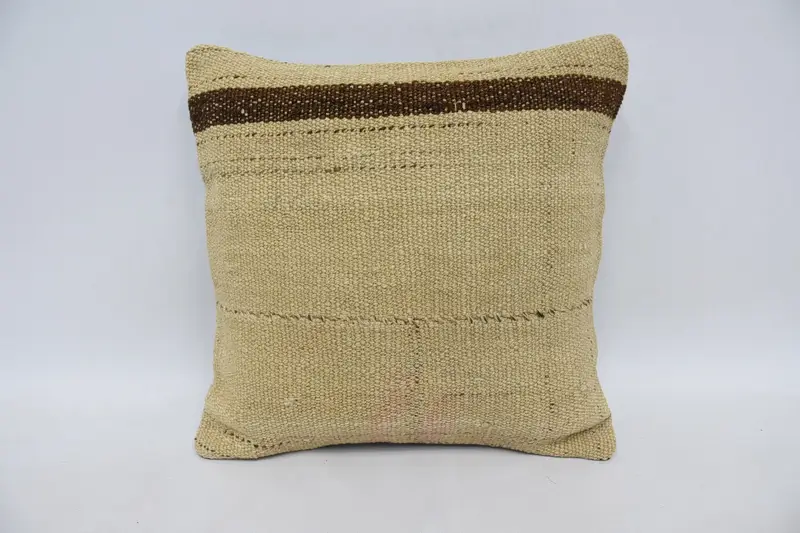 Turkish Rugs Pillow Case, 14x14 Beige Pillow, Floor Pillow Case, Turkish Pillow, Cushion, Boho Pillow, Handmade Kilim Cushion - 1