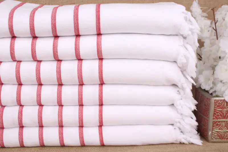 Striped Terry Towel Red-White Cotton, 40x63 Inches