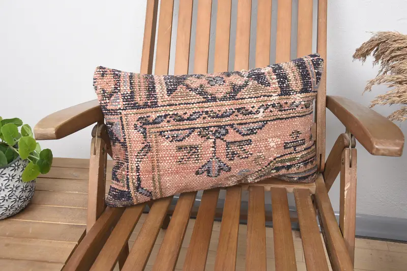 Pillow for Couch, Cushion Cover, Turkish Kilim Pillow, Crochet Pattern Pillow Case, Handmade Kilim Cushion, 12x20 Pink Pillow, Toss Pillow Case - 1