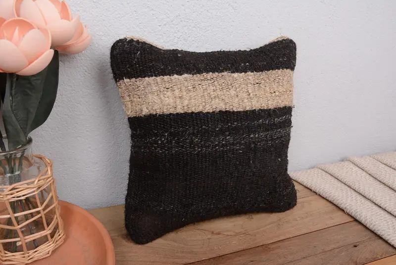 Brown & Beige Striped Throw Pillow, Vintage Embroidered Cushion