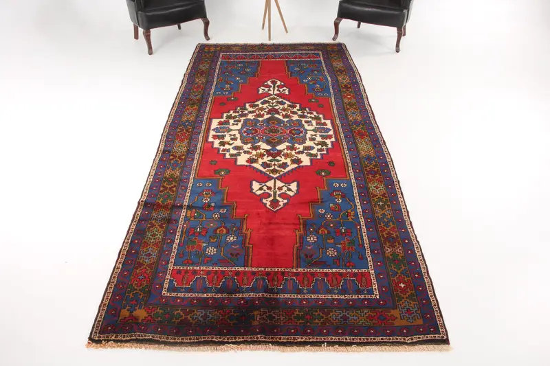 Vintage Turkish Large Rug 5.2x11.6 ft, Red Blue Ikat Rug - 1