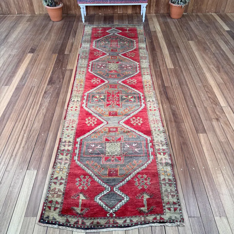 Vintage Türk Halısı, 3.4x11.4 ft Oushak Halı, Kırmızı Yolluk Soyut Halı - 1