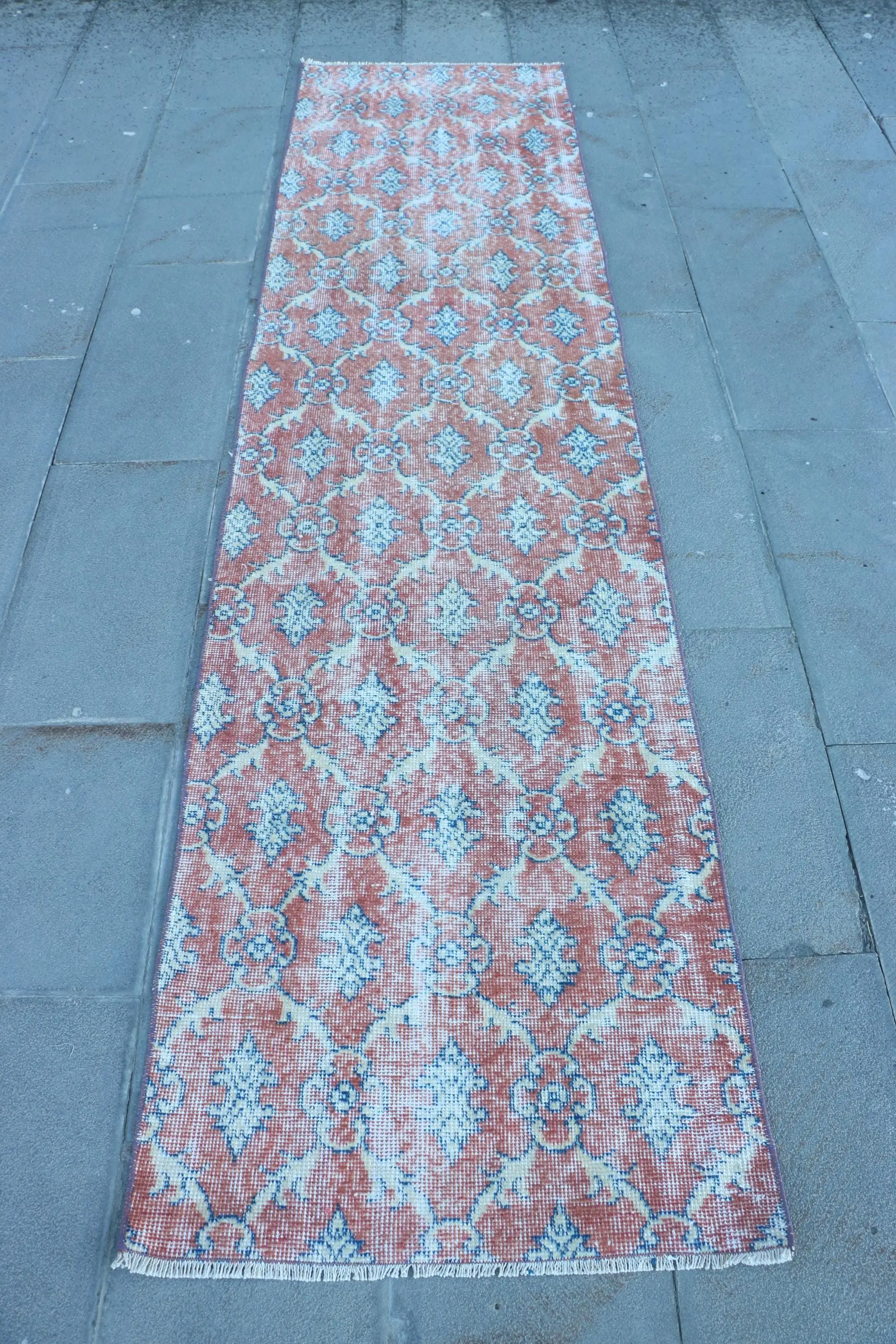 2.3x9.3 ft Turkish Rug, Red Solid Vintage Rug Wool - 1