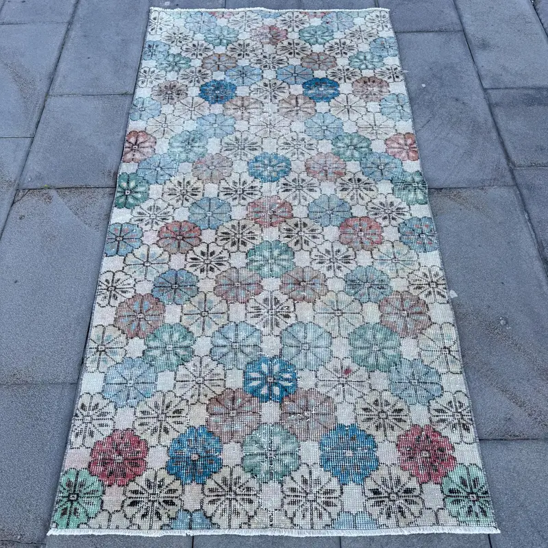 3x6 ft Vintage Turkish Rug, Accent Rug, Oushak Blue Wool Rug - 1
