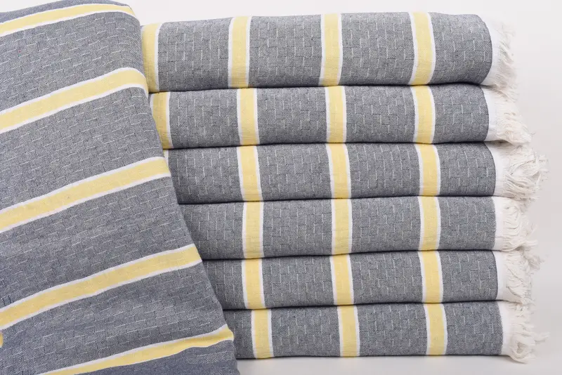 Bedcover Navy Blue-Yellow Striped Throw, Organic Cotton, 83x95 Inches