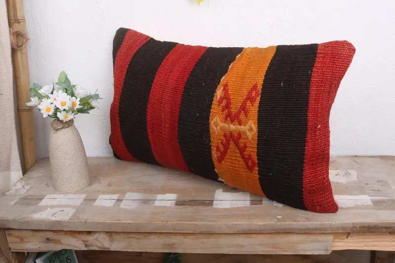 Bolster Throw Pillow, Handwoven Pillow Case, Boho Chic Pillow Case, Kilim Pillow, Pillow, 12x20 Red Cushion Cover, Pillow for Sofa, Antique Pillows - 4
