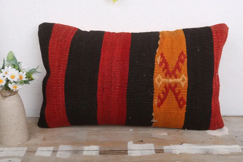 Bolster Throw Pillow, Handwoven Pillow Case, Boho Chic Pillow Case, Kilim Pillow, Pillow, 12x20 Red Cushion Cover, Pillow for Sofa, Antique Pillows - 2