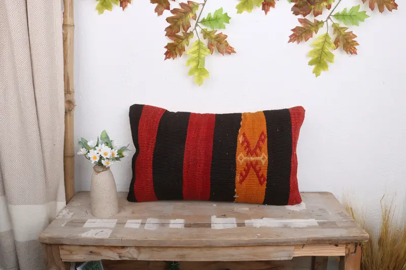 Bolster Throw Pillow, Handwoven Pillow Case, Boho Chic Pillow Case, Kilim Pillow, Pillow, 12x20 Red Cushion Cover, Pillow for Sofa, Antique Pillows - 1
