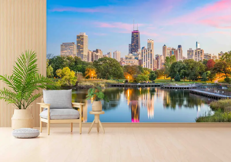 エレガントなプリント壁紙: オフィスと家庭用のモダンな都市景観