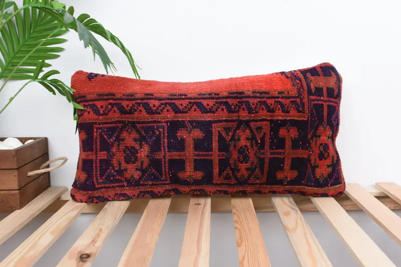 Pillow Case, Throw Kilim Pillow, Square Throw Pillow Sham, Turkish Pillow, 12x24 Red Pillow Sham, Interior Designer Pillow, Decorative Cushion Case - 1