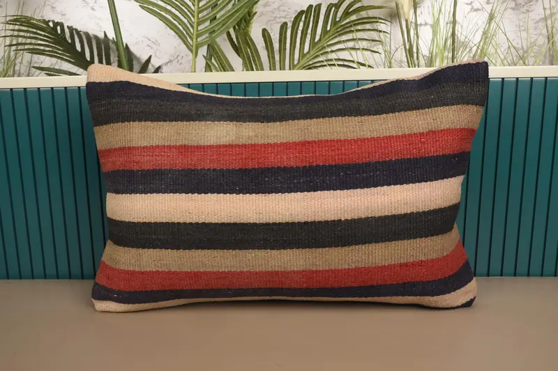 Turkish Striped Red Cushion Case, Antique 16x24 inch Pillow Cover - 1
