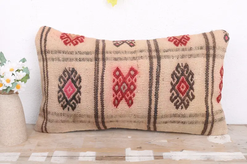 Pillow Case, Authentic Pillow Case, Sofa Pillow, Pillow for Sofa, Vintage Pillow, Turkish Kilim Pillow, Handwoven Pillow Case, 12x20 Beige Pillow - 2