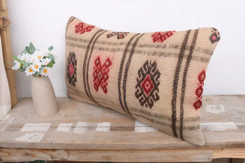 Pillow Case, Authentic Pillow Case, Sofa Pillow, Pillow for Sofa, Vintage Pillow, Turkish Kilim Pillow, Handwoven Pillow Case, 12x20 Beige Pillow - 4