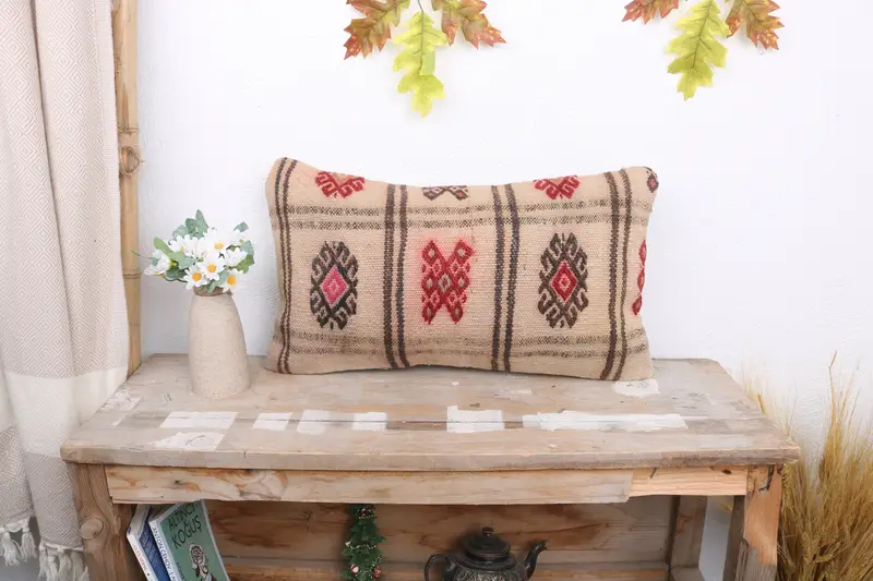 Pillow Case, Authentic Pillow Case, Sofa Pillow, Pillow for Sofa, Vintage Pillow, Turkish Kilim Pillow, Handwoven Pillow Case, 12x20 Beige Pillow - 1