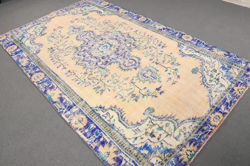 Alfombra turca vintage grande de 1,8 x 2,8 m, alfombra del suroeste en azul beige - 1