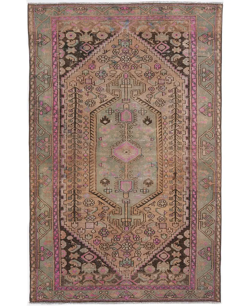 Alfombra Ikat marrón, 4,3x6,5 pies con detalles en verde