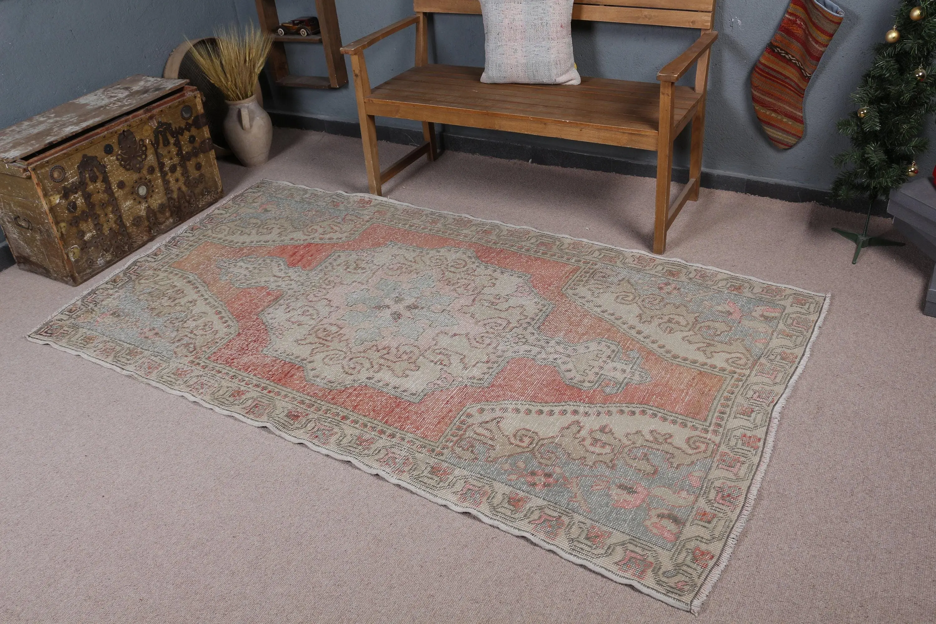 4.2x7.7 ft Turkish Rug, Vintage Area Rug, Red Polka dot Wool Rug - 1