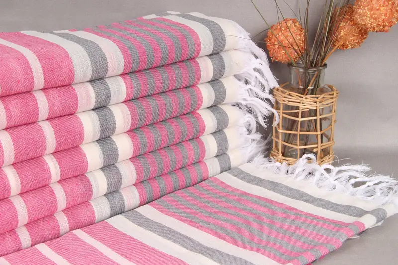 Rustic Wedding Gift Pink-Dark Pink Striped Towel, Organic Cotton, 40x67 Inches