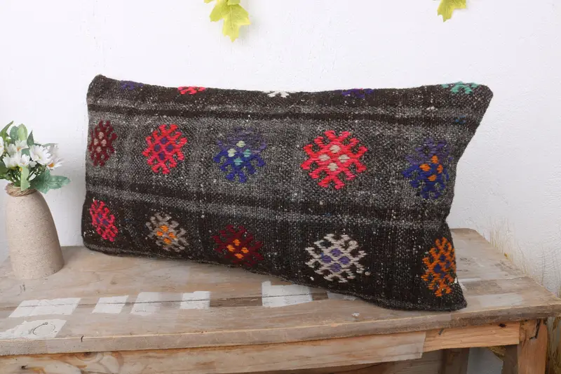 Boho Pillow Sham Cover, Turkish Rugs Pillow, Cushion Case, Gift Pillow, 12x24 Gray Pillow Sham, Throw Kilim Pillow, Authentic Pillow Cover - 4