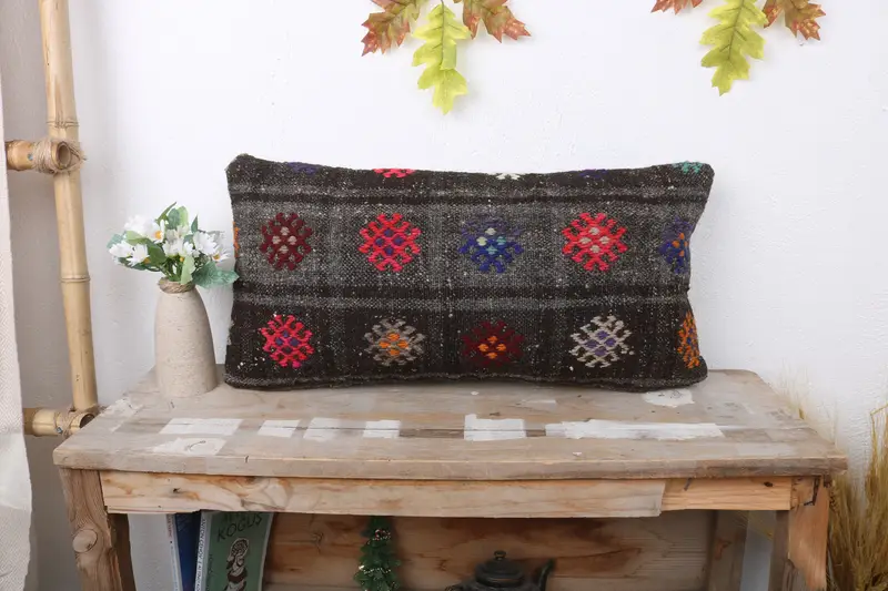 Boho Pillow Sham Cover, Turkish Rugs Pillow, Cushion Case, Gift Pillow, 12x24 Gray Pillow Sham, Throw Kilim Pillow, Authentic Pillow Cover - 1