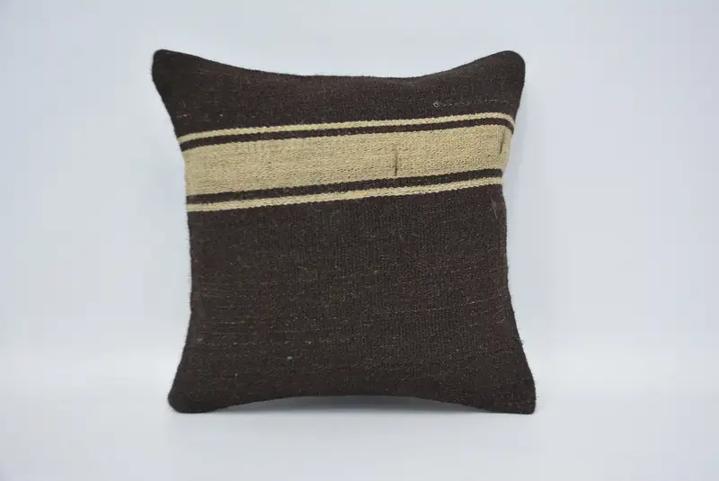 Farmhouse Cushion Case, Kilim Pillow, Gift Pillow, 14x14 Brown Cushion Cover, Indoor Pillow Cover, Ethnical Kilim Rug Pillow, Cushion Cover - 1