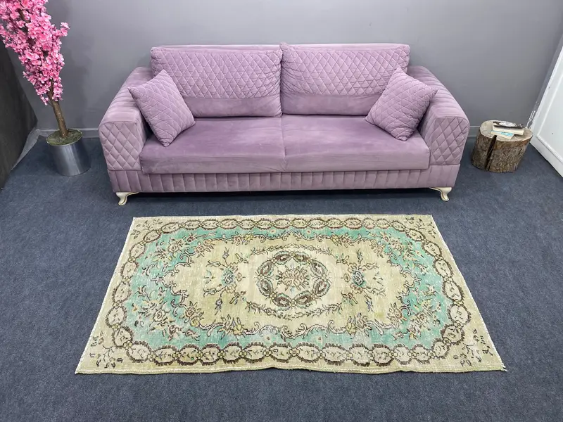 Mavi Oryantal Halı, Yeşil Desenli 3,6x6,1 ft