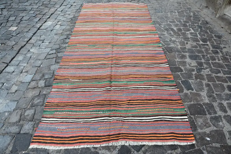 Alfombra vintage de 4,3x10,2 pies, alfombra turca Kilim, alfombra de lana Ikat roja - 1