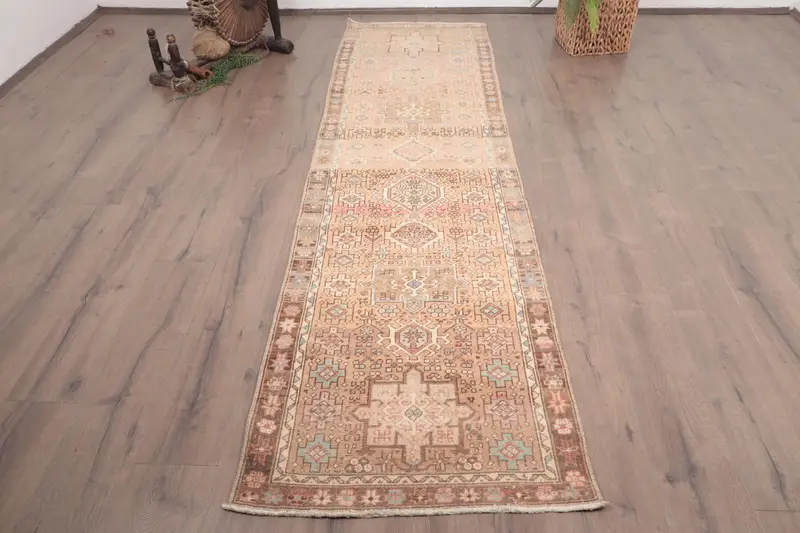 2.6x9.5 ft Halı, Türk Vintage Halısı, Kahverengi Oushak Yün Halı - 1