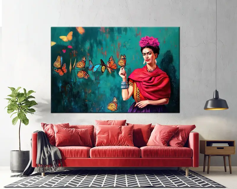 Frida Kahlo Art, Frida Kahlo Poster, Frida Butterflies & Pink Flowers Art ,Poster Printed, Picture Wall Art, Butterflies Canvas Wall Art - 5
