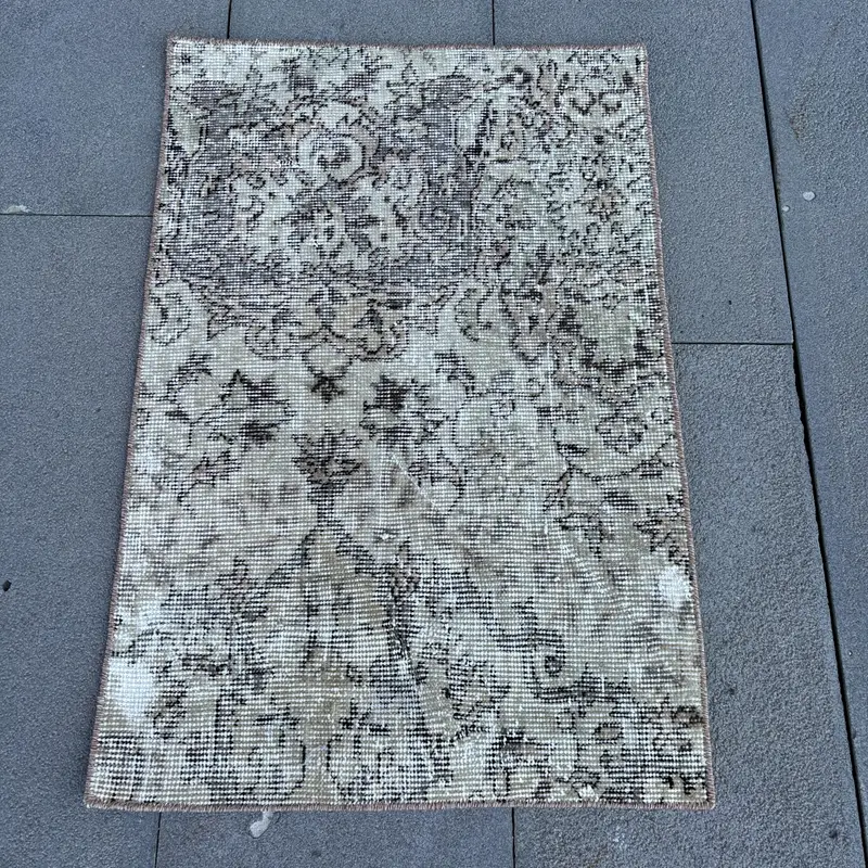 Turkish Small Rug, 1.8x2.6 ft Vintage Rug, Gray Oushak Wool Rug - 1