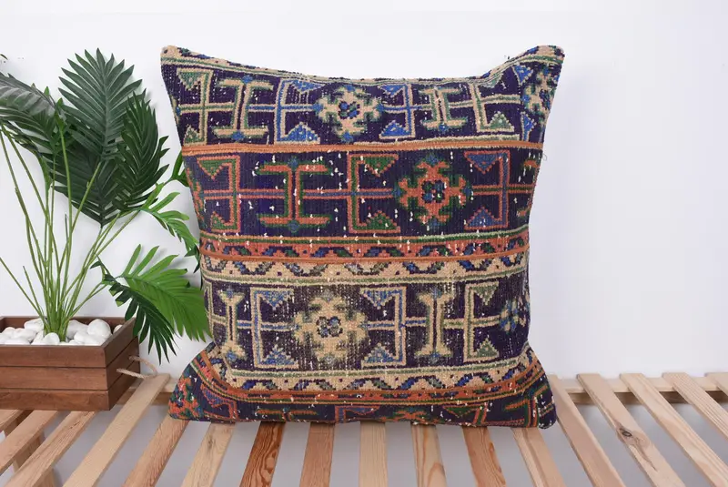 28x28 Blue Cushion, Kilim Cushion Sham, Boho Throw Pillow Cover, Boho Pillow, Decorative Throw Pillow Cover, Boho Pillow Sham Cover, Cushion - 1