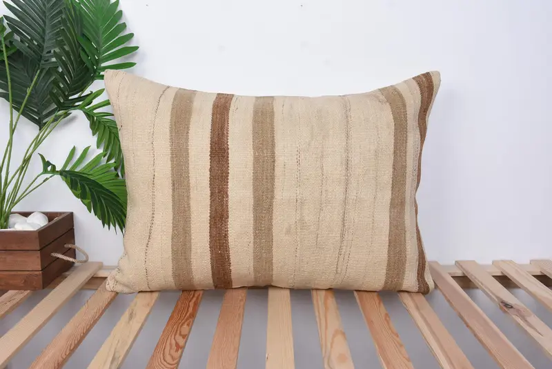 Handmade Throw Cushion Cover, Boho Pillow, Pillow Sham, 20x28 Beige Cushion Case, Pillow for Couch, Turkish Kilim Pillow, Authentic Pillow Cover - 1