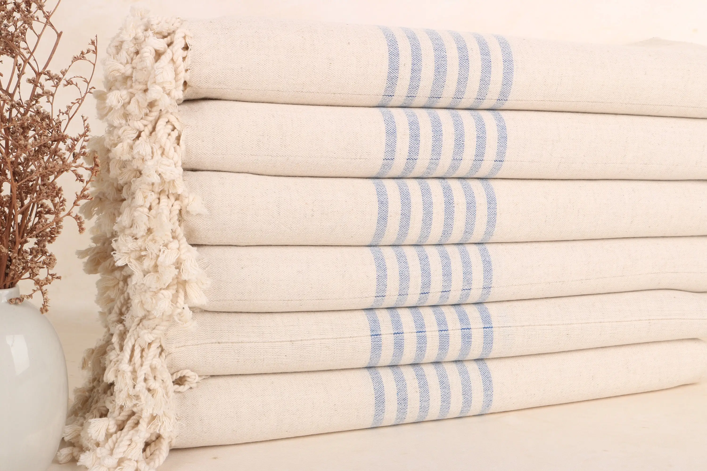 Turkish Bath Towel, Sax Blue Linen with Beige Stripes, 36x67 Inches - 1