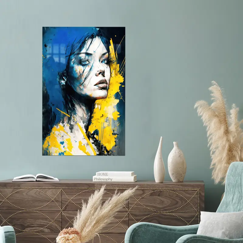 Modern Kız Odası Dekoru için Trendy Sarı ve Mavi Baskılı Cam