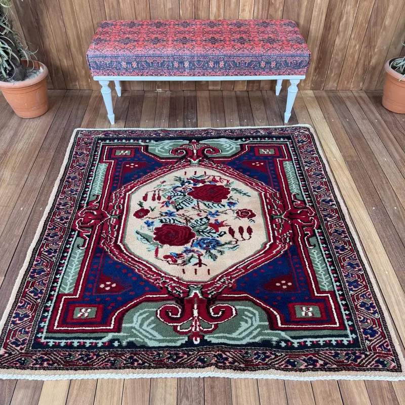 Vintage Turkish Accent Rug 4.8x5 ft, Red Blue Plants & trees Wool Rug - 1