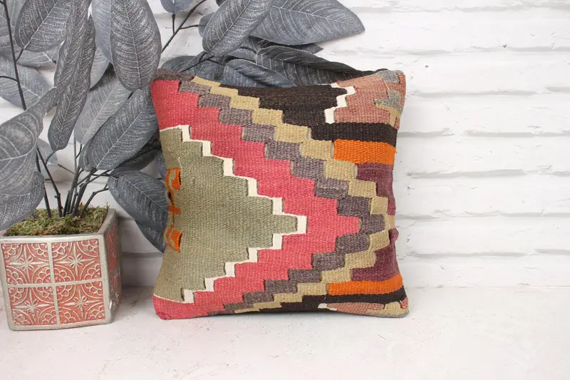 Pillow for Couch, Pillow Cover, 12x12 Pink Pillow Cover, Ethnical Kilim Rug Pillow, Boho Pillow, Decorative Throw Cushion - 1